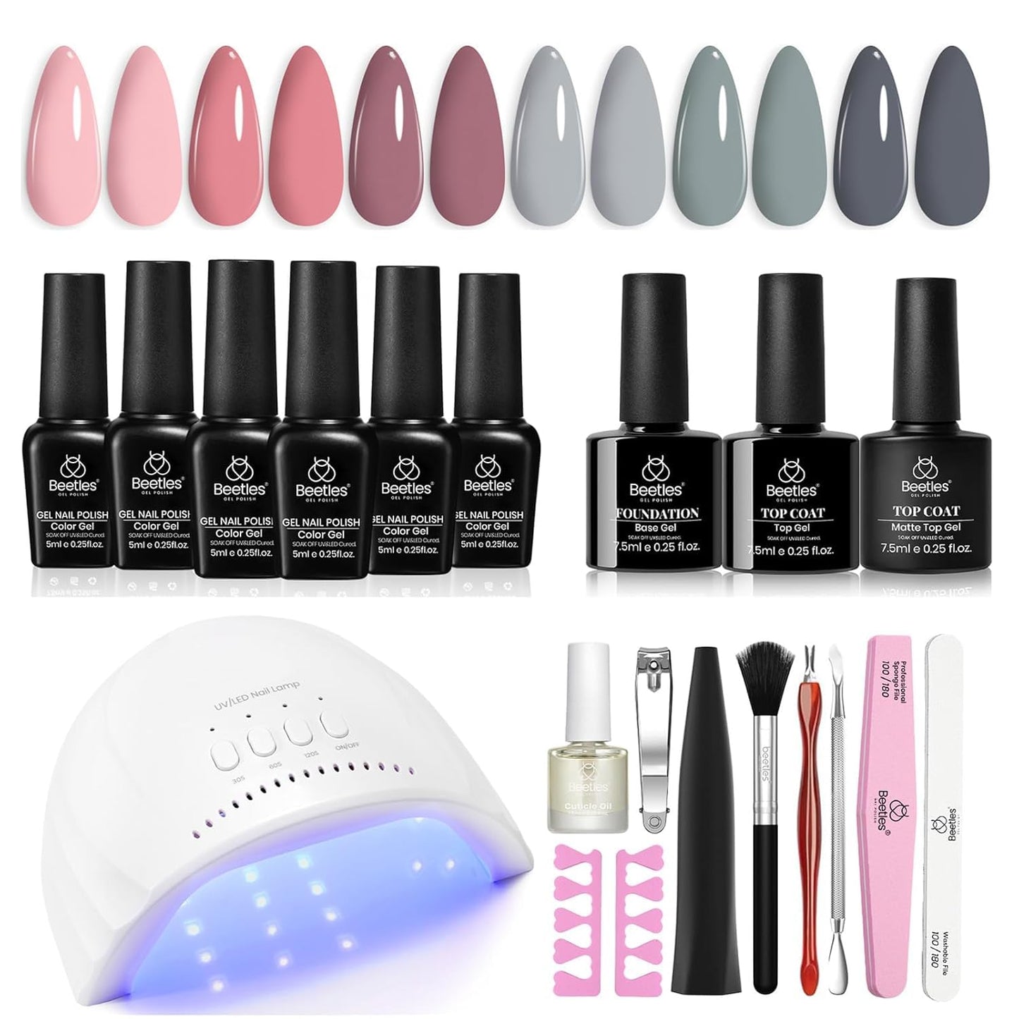 Beetles Gel Nail Polish Kit with Uv Light - 6 Colors Nude Gray Pink Gel Polish Starter Kit Manicure with Base Top Coat Soak off Led Salon DIY at Home Gifts for Women