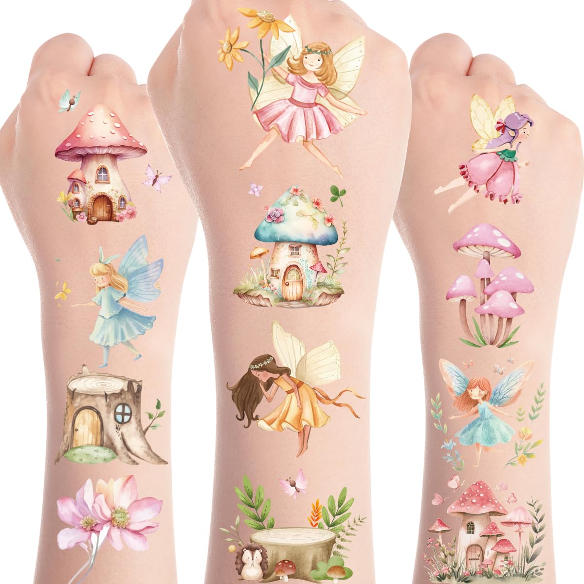 Papiailove Fairy Temporary Tattoos - Woodland Fairy Wings Magical Birthday Party Favors Decorations Supplies Spring Tea Party(8 Sheets)
