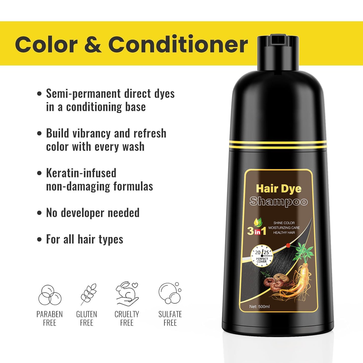 KINGMING Dark Brown Hair Dye Shampoo 3 in 1 for Gray Hair