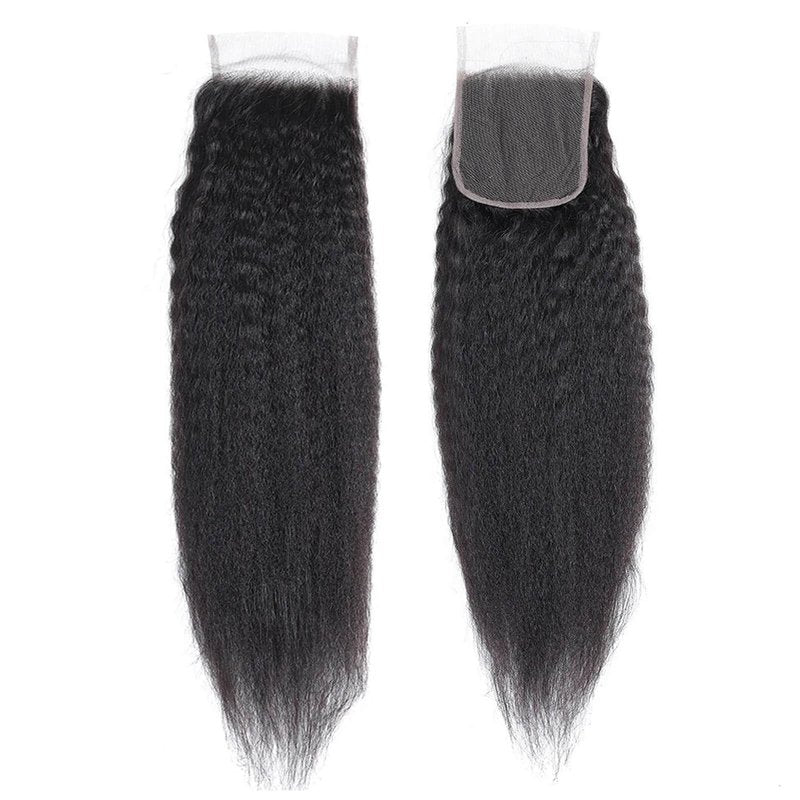 Kinky Straight 4x4 HD Lace Closure Human Hair Extensions 12A Brazilian Virgin Remy 100% Unprocessed Human Hair Yaki Straight Free Part Closure Only Pre Plucked With Baby Hair Natural Black 12 inch