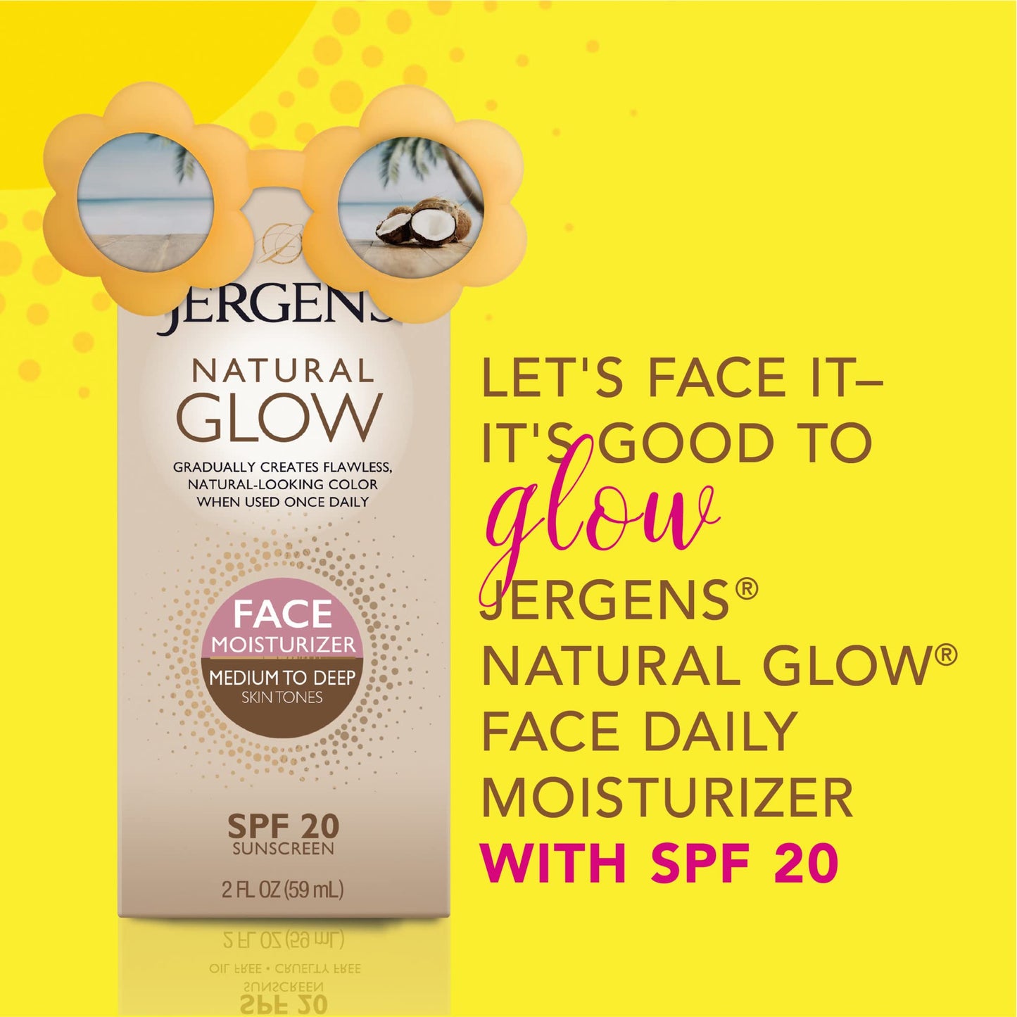 Jergens Natural Glow Face Self Tanner Lotion with SPF 20, Sunless Tanning, Medium to Deep Skin Tone Moisturizer, Daily Facial Sunscreen, Oil Free, Broad Spectrum UVA/UVB Protection, 2 Oz, Pack of 2