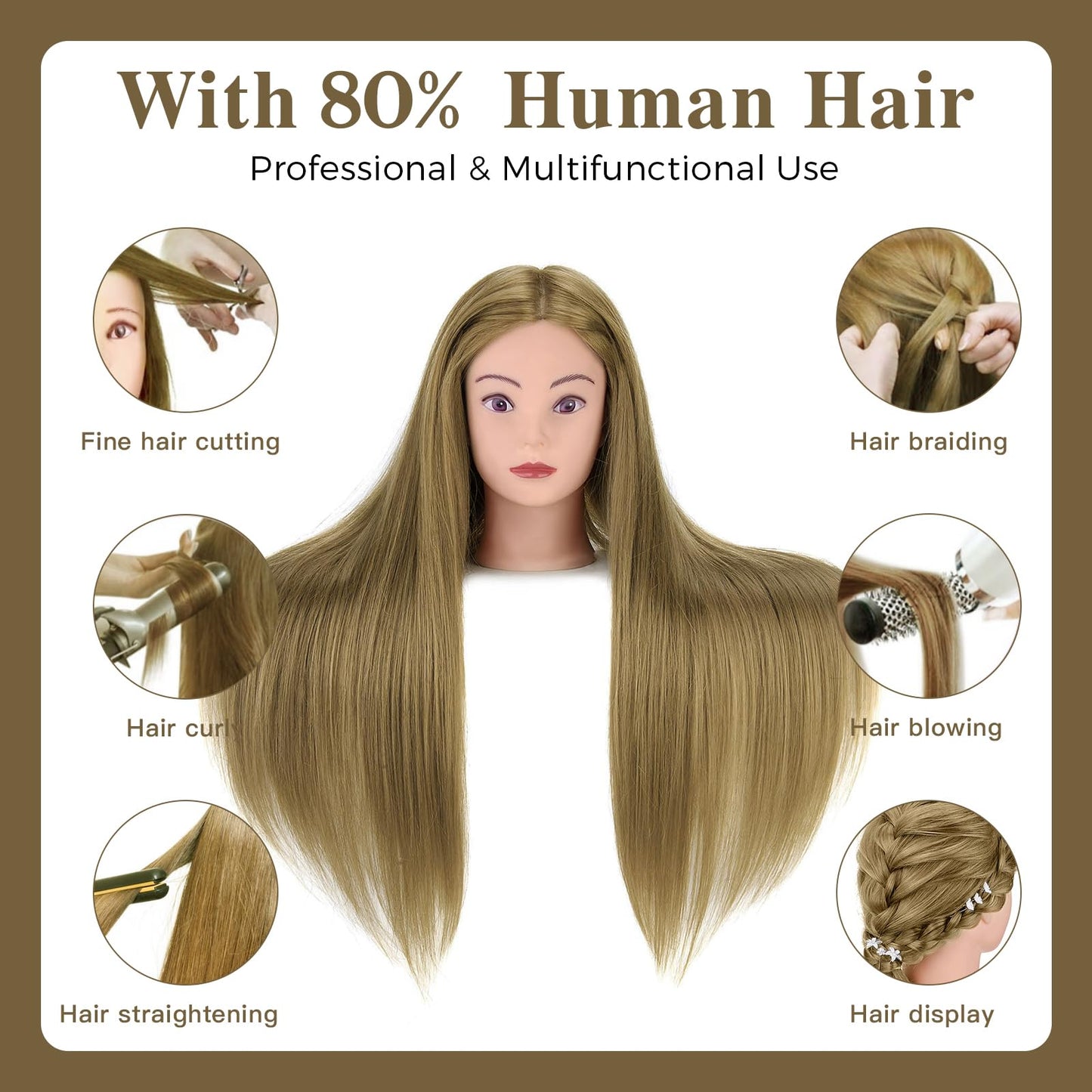 28" Mannequin Head Human Hair, 80% Real Hair Mannequin Head, Cosmetology Manikin Doll Head for Hair Styling Set #27, Training Practice Braiding Head with Table Clamp Suitable for Hair Extensions