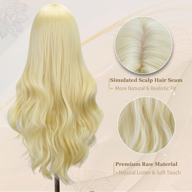 Blonde Wig with Bangs for Women - 26 Inch Long Wavy Synthetic Heat Resistant Hair | Natural Look for Daily Use & Cosplay