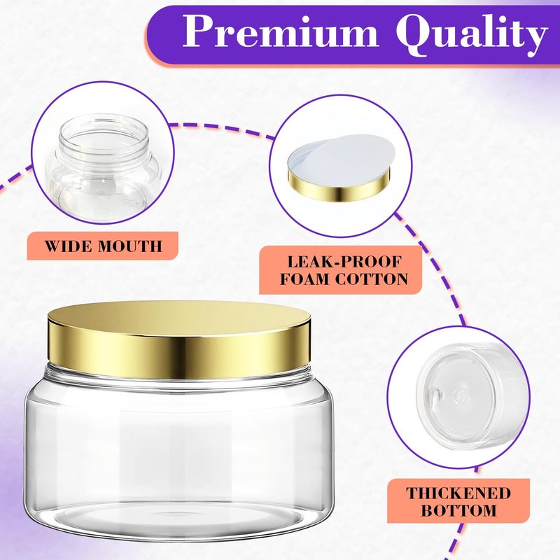 36 Pack 8 oz Plastic Cosmetic Containers With Lids Refillable Clear Empty Travel Jars Containers for Body Butter,Sugar Scrubs,Cream,Lotions,Candy, Waterproof Label&Spatulas - (Gold)
