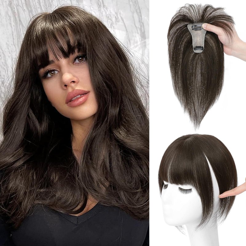Wirctp Hair Toppers Bangs Hair Clip Real Human Hair 360°3D Cover Clip in Bangs for Woman with Thinning New upgraded realistic scalp Hairpieces for Daily Wear(Dark Brown)