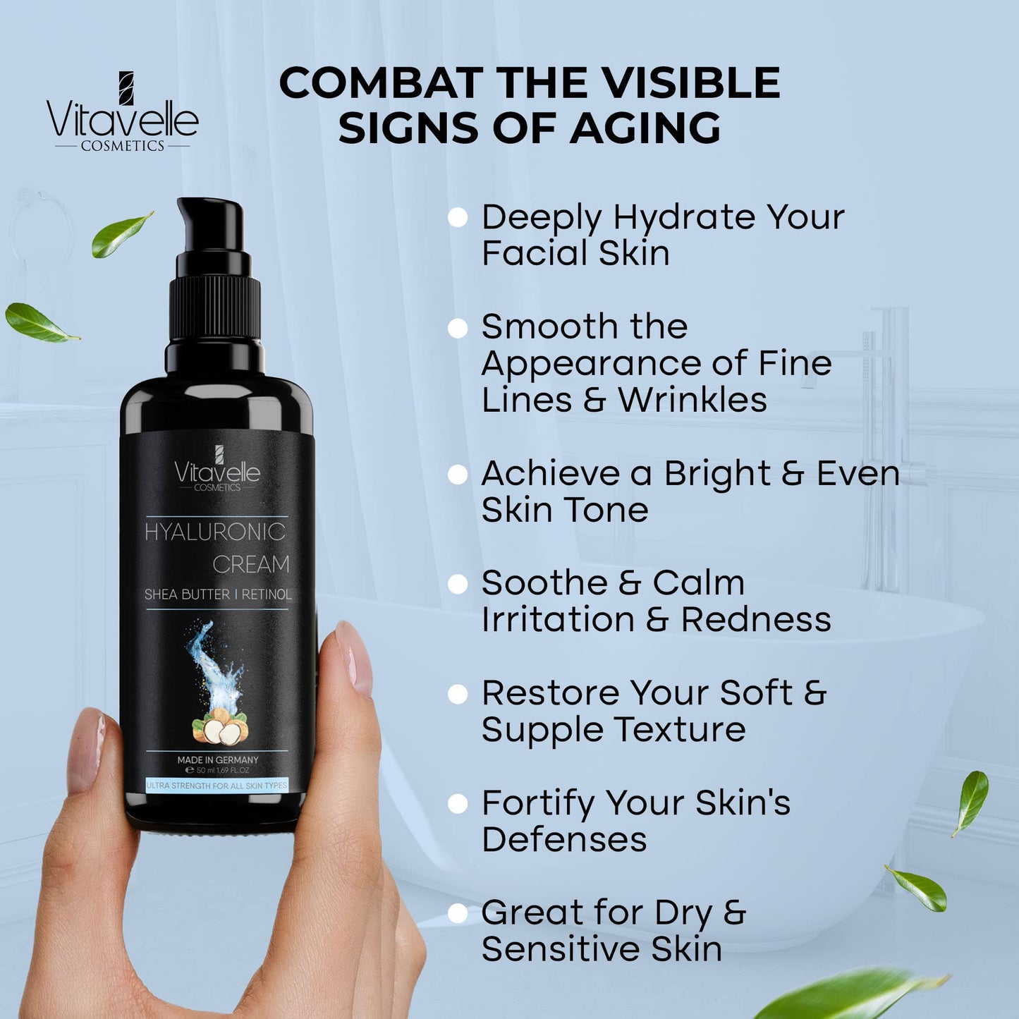 VITAVELLE Hyaluronic Acid Face Cream – Daily Hydrating Moisturizer with Shea Butter for Soft & Smooth-Looking Skin (1.69 Fl Oz)