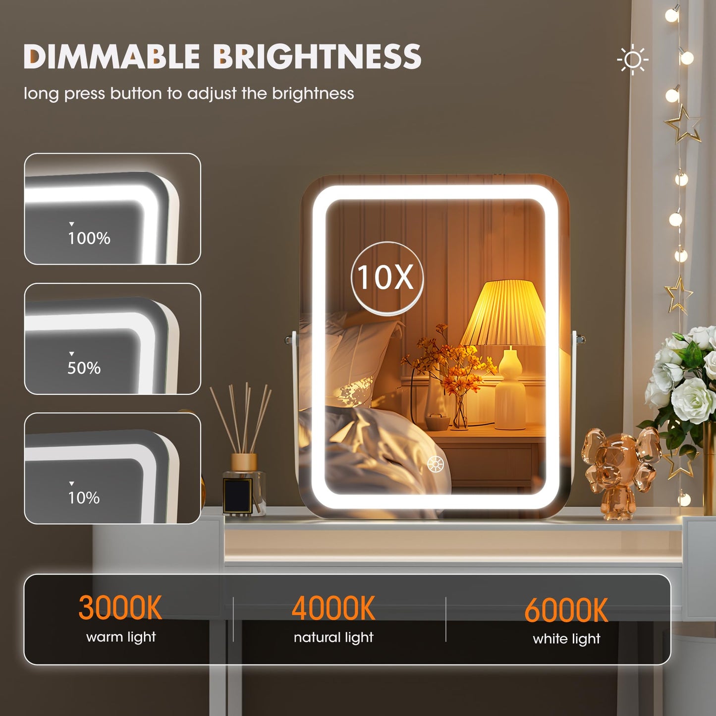 Hasipu LED Makeup Mirror with Bluetooth Speaker, 11" x 14" Vanity Mirror with Lights, 3 Modes Light, Smart Touch Control Dimmable, Rectangle White Frame