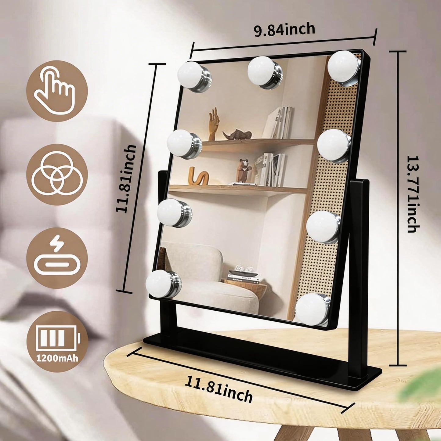 SLIMOON 9.65-inch Lighting Makeup Mirror, 1x / 10x,Touch Control,3-Color Adjustable,Metal Stand,up and Down Adjustable Makeup Mirror, High Color Rendering, Eye-Protecting Light Source,Ultramarine