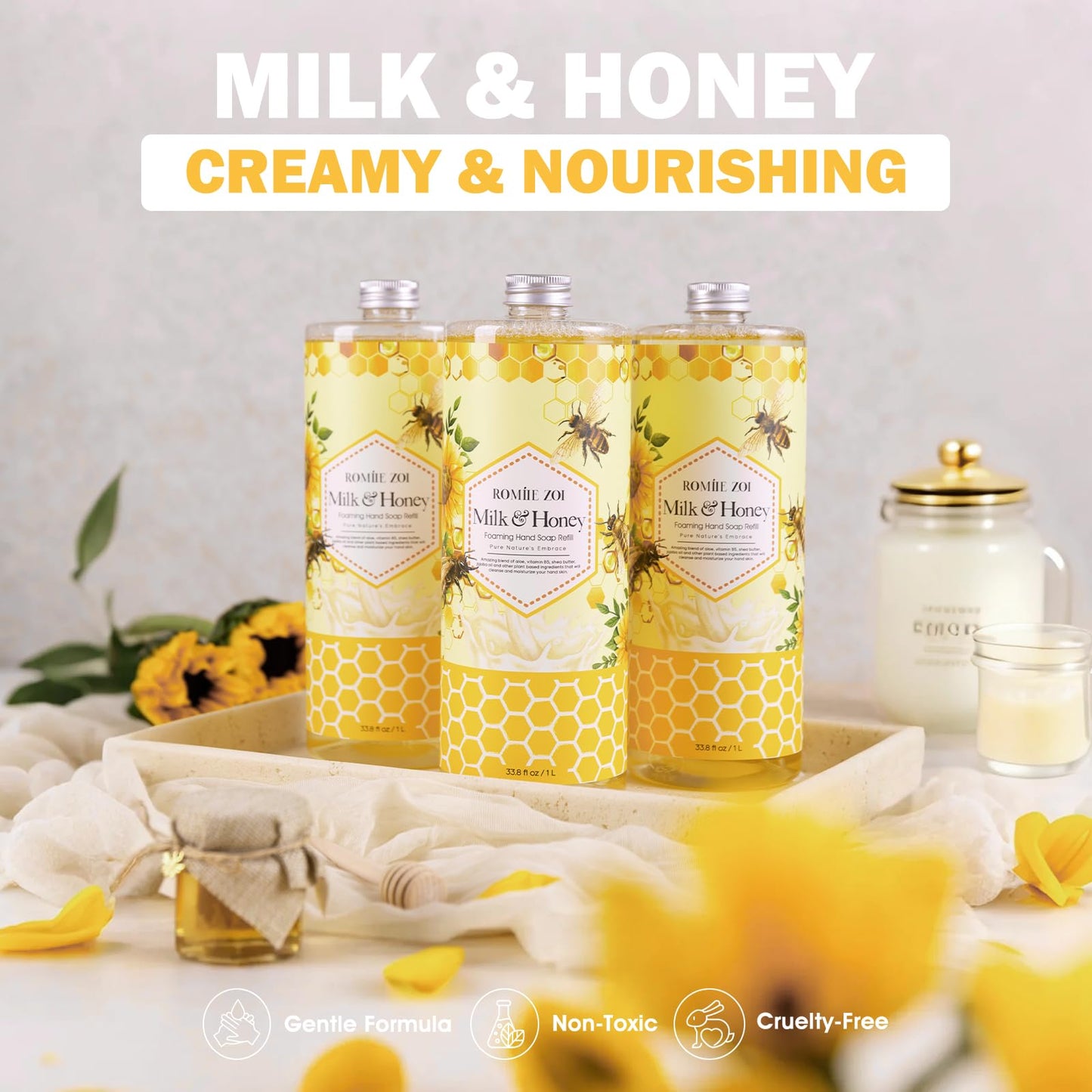 ROMIIE ZOI Foaming Hand Soap Refill Gift Set – Honey & Milk Scent – 3 Pack (1000ML Each) with Dispenser – Gentle & Moisturizing Plant-Based Formula – Bulk Refill Bottles for Bathroom & Kitchen Use