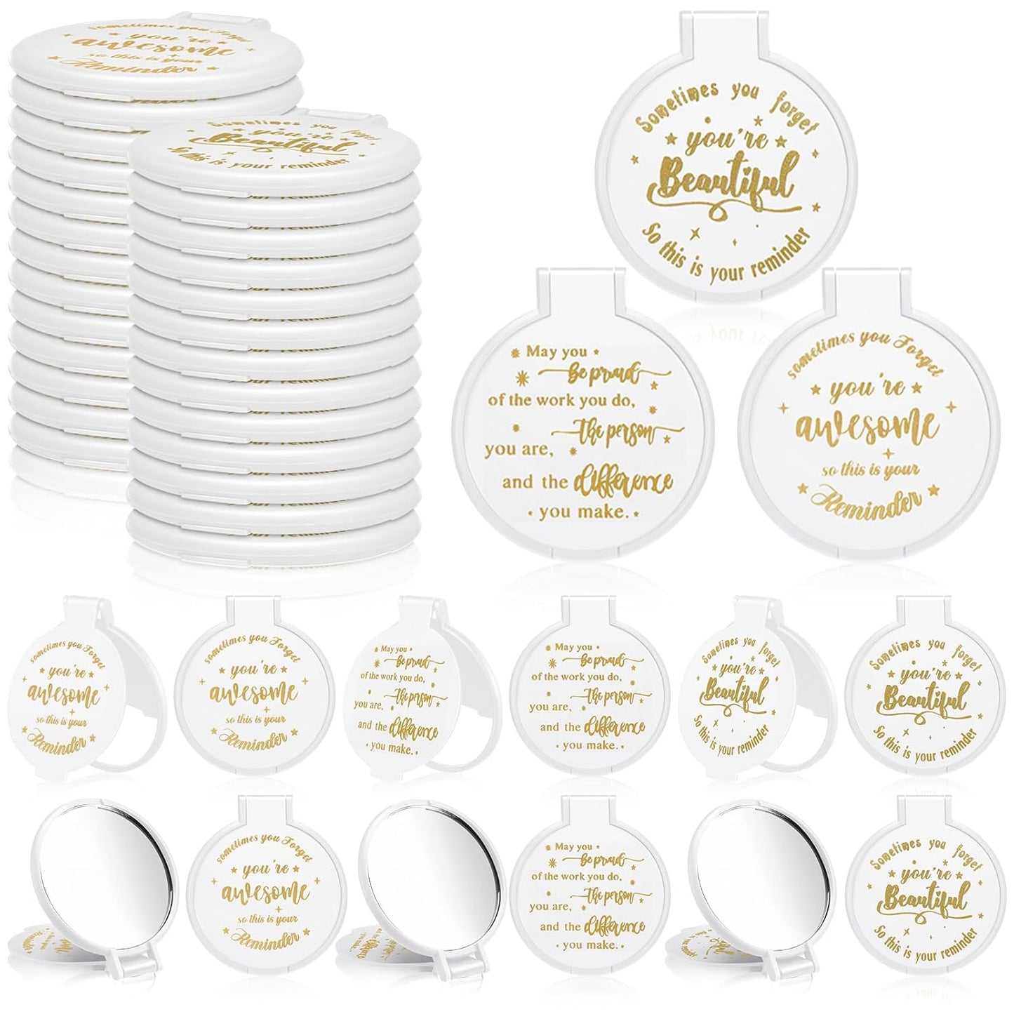 Inspirational Mini Compact Mirrors - 64 Pcs Bulk Set for Women | Perfect Party Favors & Travel Gifts (White)