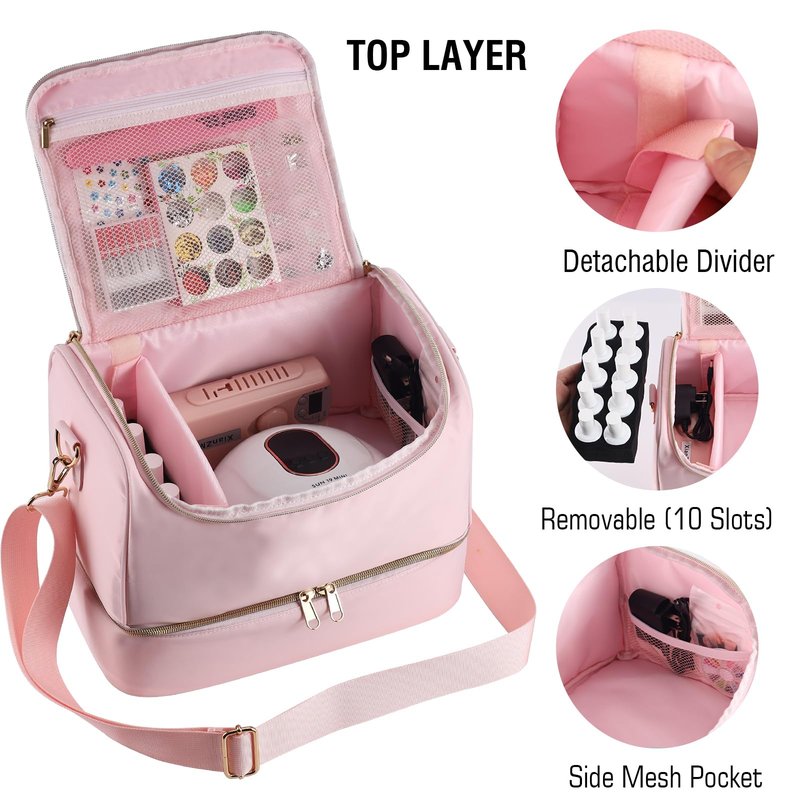 GR69N Nail Polish Organizer Case,Nail Polish Holder Holds 1 Nail Lamp & 50 Bottles,Nail Tech Travel Case,Waterproof Nail Kit Organizer Bag Fits Nail Supplies & Manicure Tools (Pink)