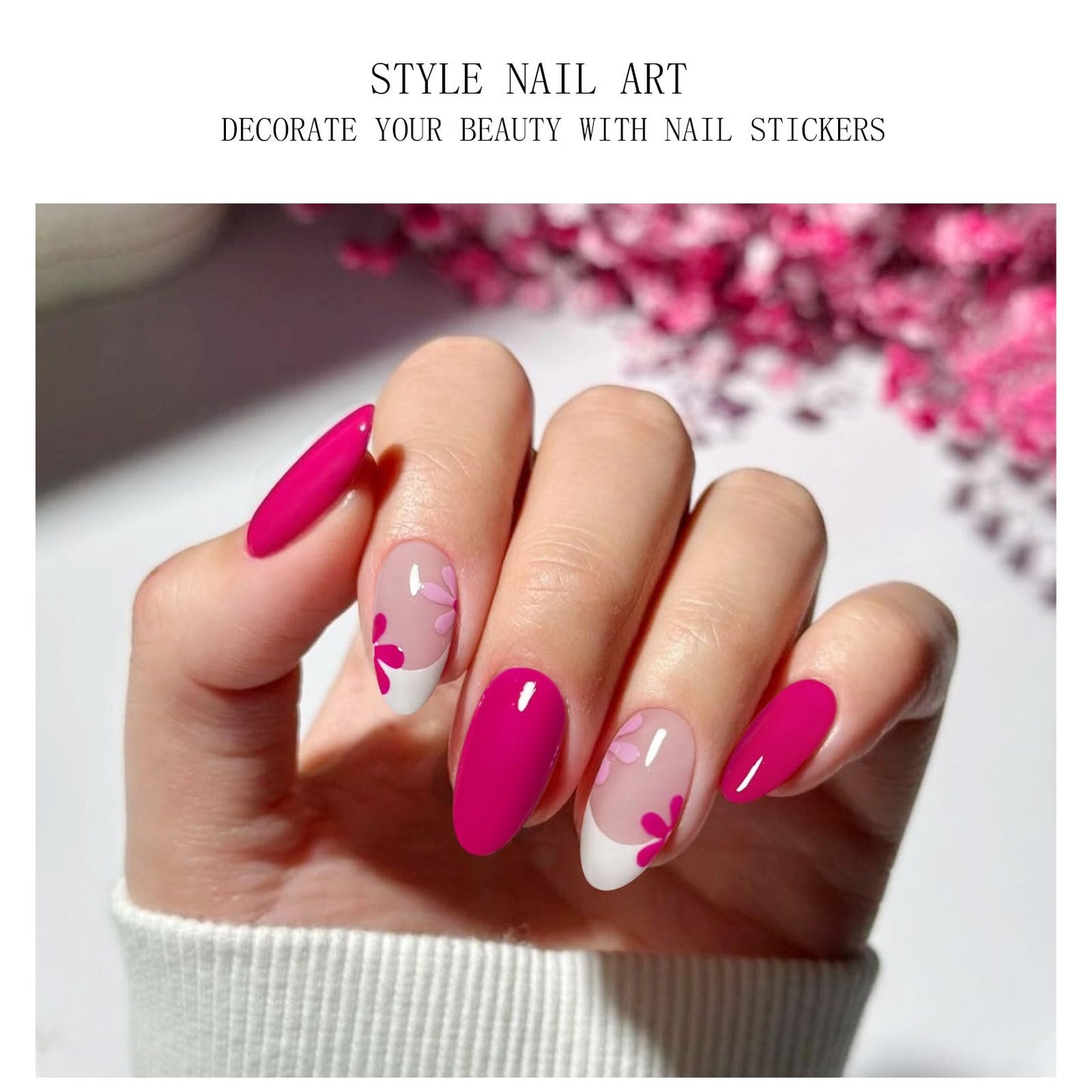 JMEOWIO Gel Nail Stickers Pink Flower French Tip Semi Cured Gel Nail Strips Wraps UV/LED Nails Art Design Decoration Accessories