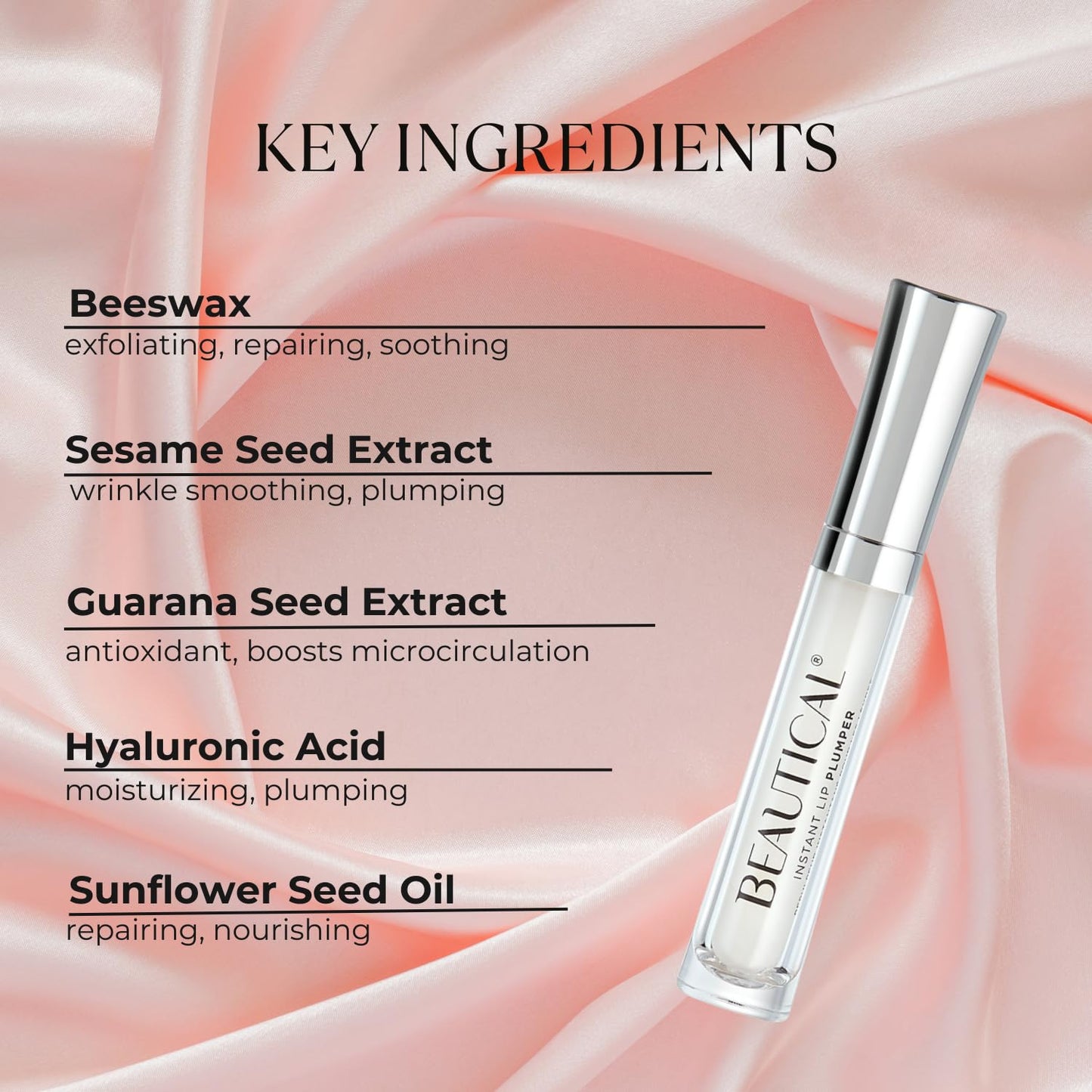 BEAUTICAL Instant Lip Plumper, Hydrating Lip Serum with Hyaluronic Acid, Guarana & Horse Chestnut Extract, Non-Sticky Moisturizing Lip Plumping Gloss, Anti-Aging Lip Care, 5ml