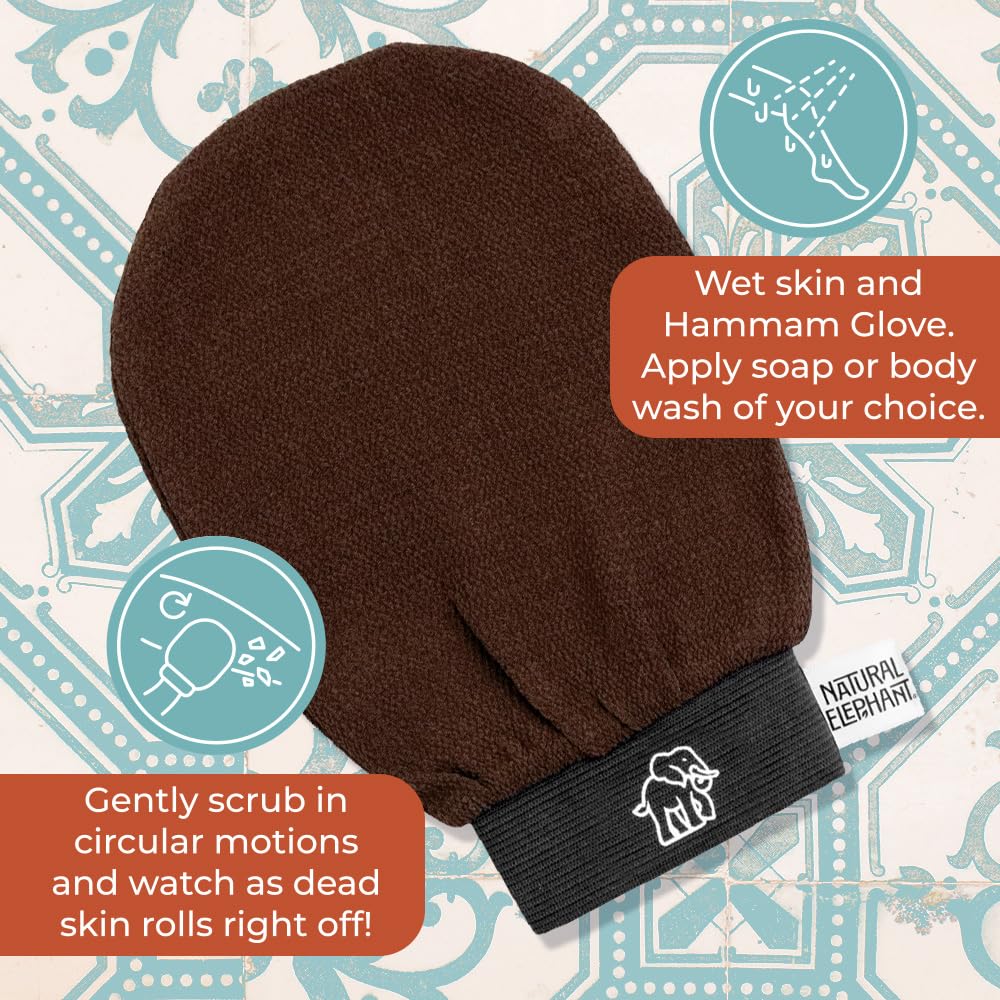Natural Elephant Moroccan Black Soap - 200g (7oz) with Exfoliating Hammam Glove Combo | Pink Tulip