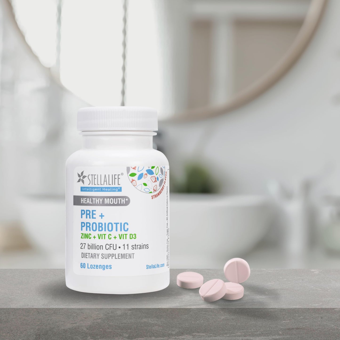StellaLife Oral Prebiotic & Probiotic Lozenges for Teeth and Gums – 27B CFU, 11 Strains, Dental Probiotic for Bad Breath, Immune Support with VIT C, D3 & Zinc (Strawberry Flavor) 60 Day