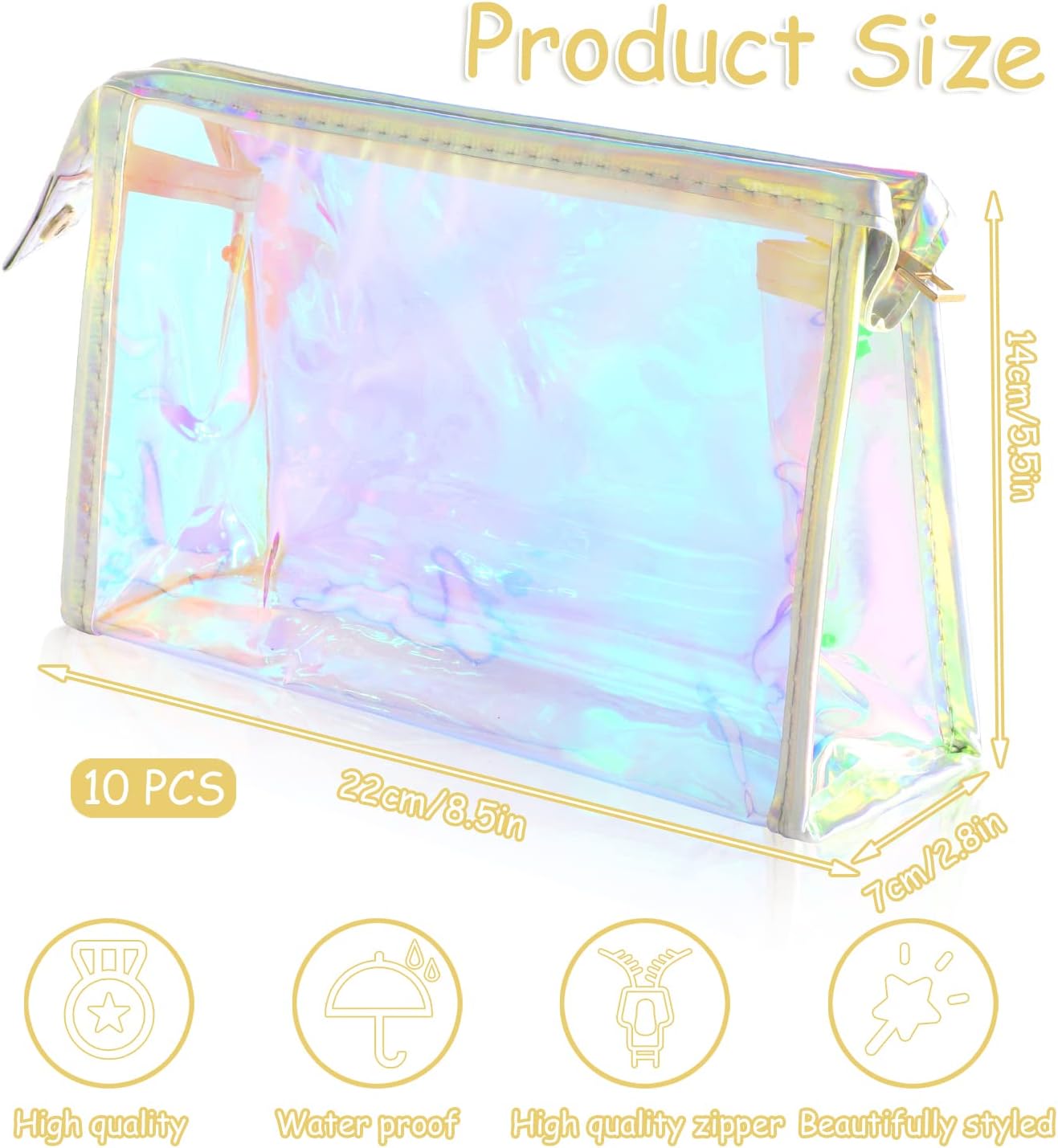 Holographic Makeup Bags - 10 Pcs Clear PVC Zippered Toiletry Pouches | Waterproof Iridescent Cosmetic Bags for Travel & Parties