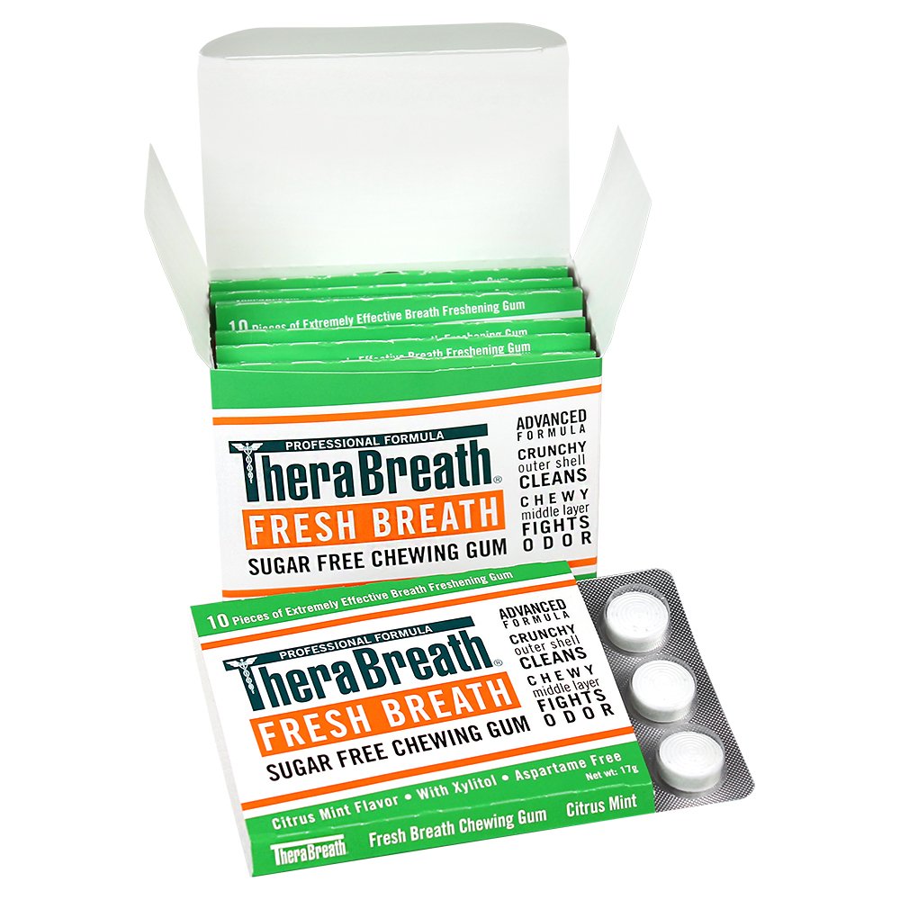 TheraBreath Chewing Gum with ZINC Citrus Mint 10 Count Pack of 6 and Mild Mint Oral Rinse 3 Fl Oz Pack of 6