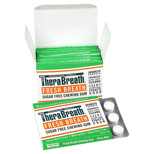 TheraBreath Chewing Gum with ZINC Citrus Mint 10 Count Pack of 6 and Mild Mint Oral Rinse 3 Fl Oz Pack of 6