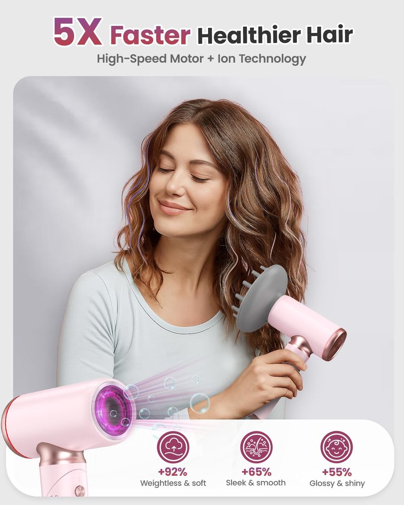 Dual Voltage Hair Dryer Travel Europe Foldable, High Speed Ionic Blow Dryer Fast Drying,100-240V Portable Dryers with Magnetic Nozzles,1300W, Pink