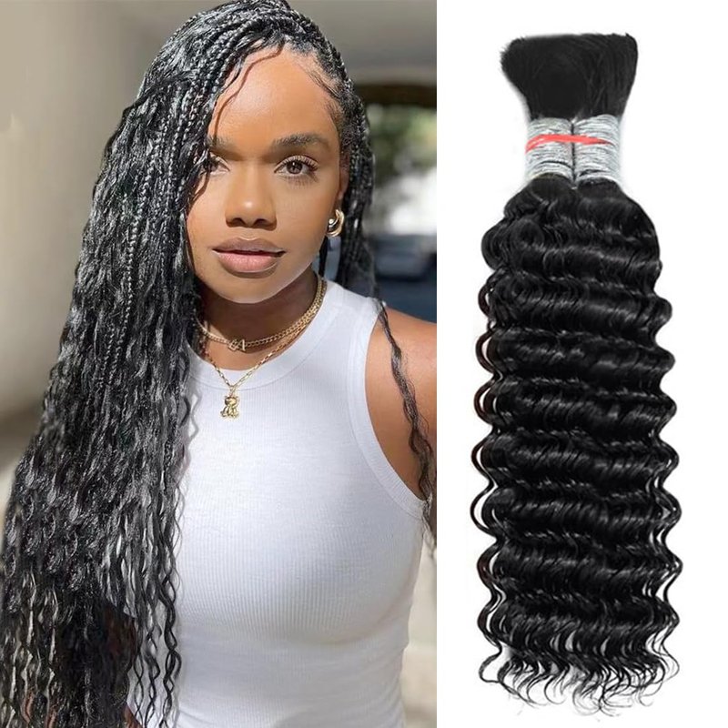 Human Braiding Hair for Boho Braids Human Hair Braiding No Weft Wet and Wavy Human Hair Braiding Hair Extensions For Boho Braids 2 Bundles 100g（20inch,Natural Black Deep Wave)