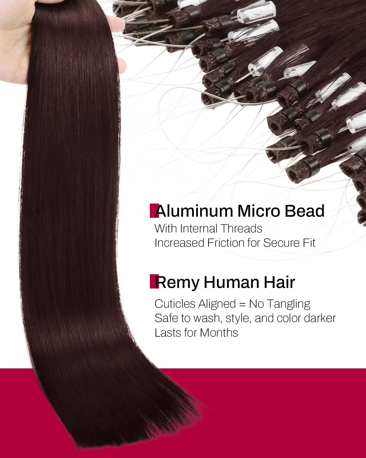 Moresoo Micro Link Hair Extensions Human Hair Dark Burgundy Micro Loop Hair Extensions Human Hair 18 inch Add Length Micro Extensions Human Hair for Women 50g