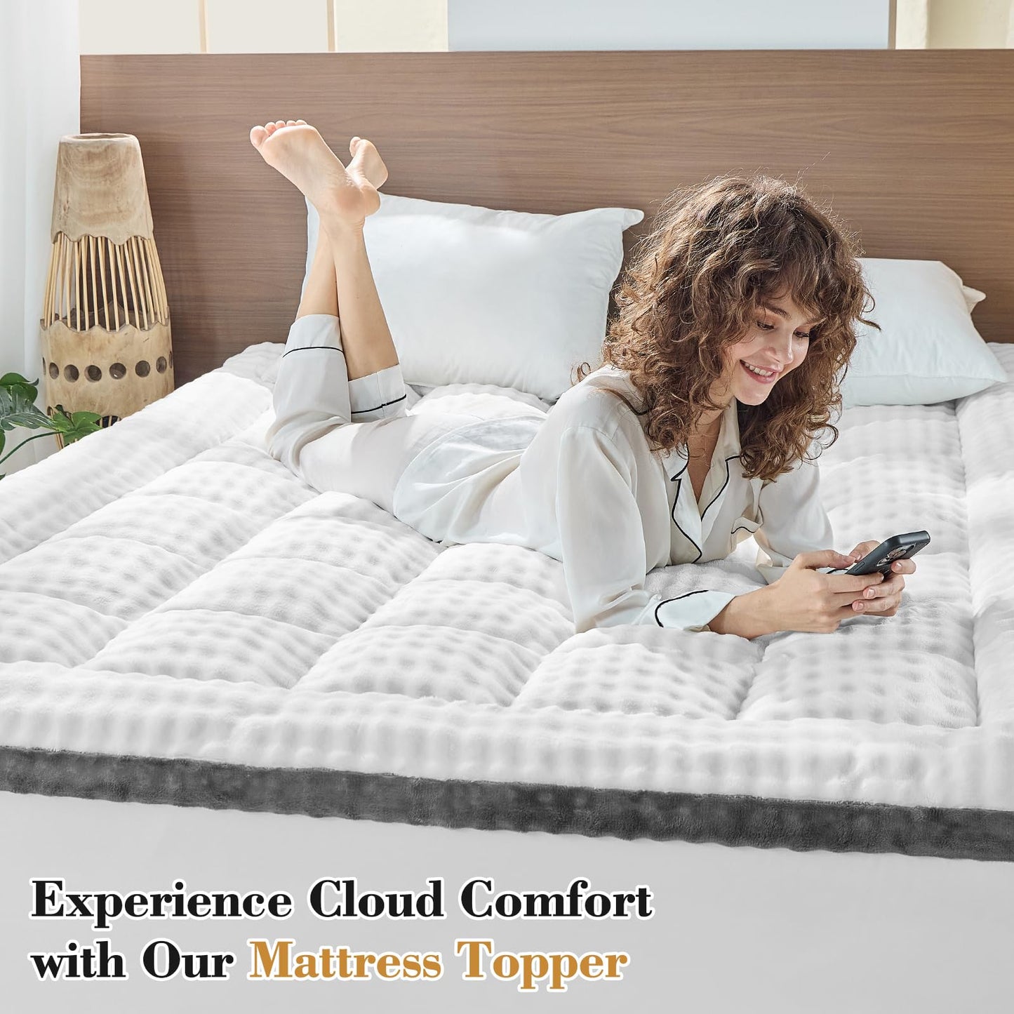 Cymula Queen Mattress Topper Fleece Bubble Pillow Top Mattress Pad Cover for Back Pain Faux Fur Extra Thick Mattress Protector Soft with Fluffy Down Alternative, 8-21" Deep Pocket, White