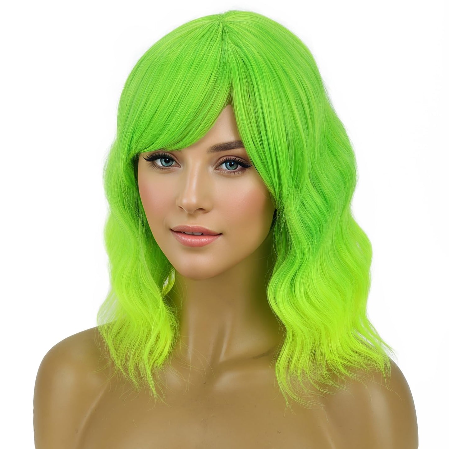 PATTNIUM Lime Green Wig Short Wavy Fluorescent Green Wigs for Women Girls Green Wig with Bangs Synthetic Wigs