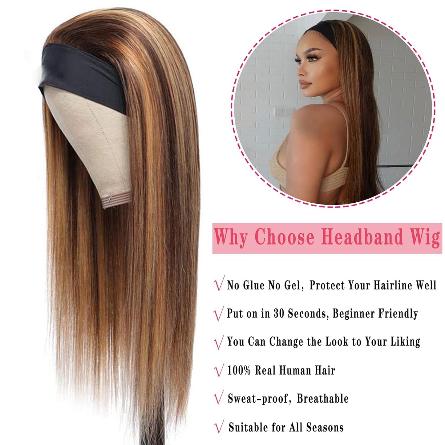 Ombre Headband Wig - 22 Inch Straight Human Hair | Glueless #2/30 Highlights, 150% Density for Black Women