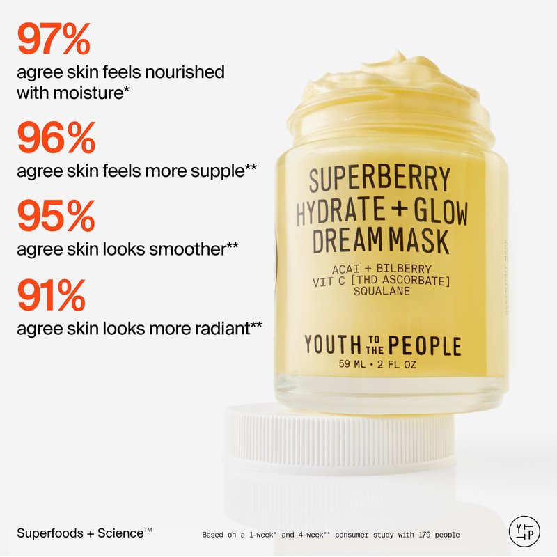 Youth To The People Superberry Dream Mask Travel - Hyaluronic Acid + Vitamin C Face Moisturizer + Overnight Facial Mask, Hydrates + Plumps + Brightens Skin, Evens Skin Tone, For Dry Skin - 0.5 fl oz