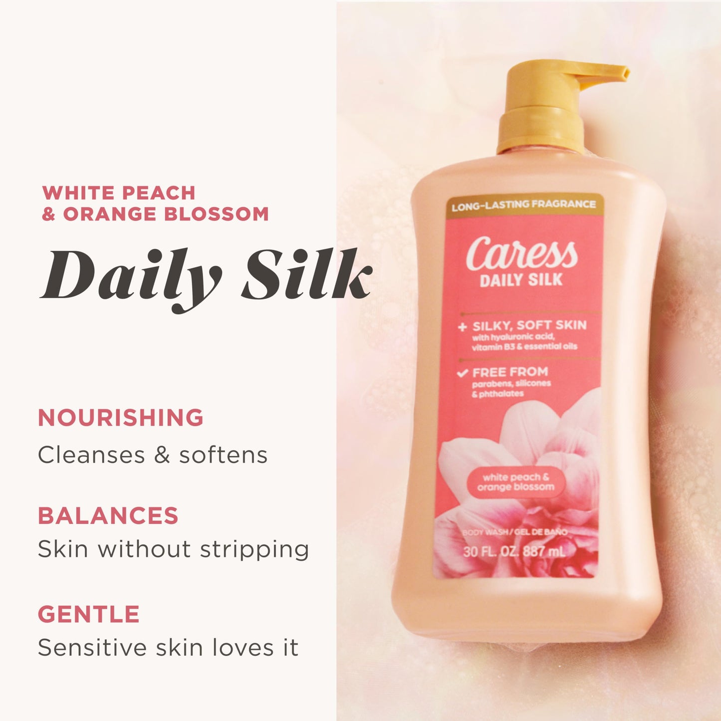 Caress Body Wash With Pump Daily Silk White Peach & Orange Blossom Body Soap for Noticeably Silky, Soft Skin 30 fl oz, 4 Pack