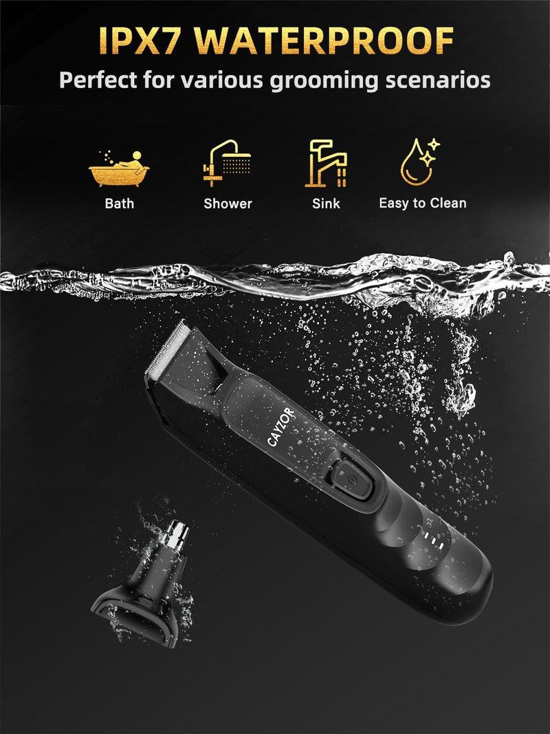 Cayzor 2-in-1 Body and Nose Hair Trimmer for Men - Safe Portable Electric Razor for Ball Groin with LED Light, IPX7 Professional Electric Shavers for Men Pubic, Underarm, Nose, Ear, Beard, Head