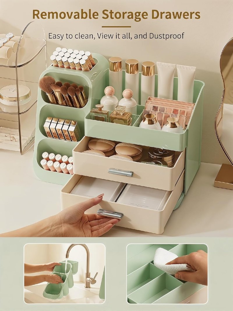 Makeup Organizer - Large Capacity Vanity Storage Case with Drawers | Cream Green Cosmetic Display for Skincare & Beauty Tools