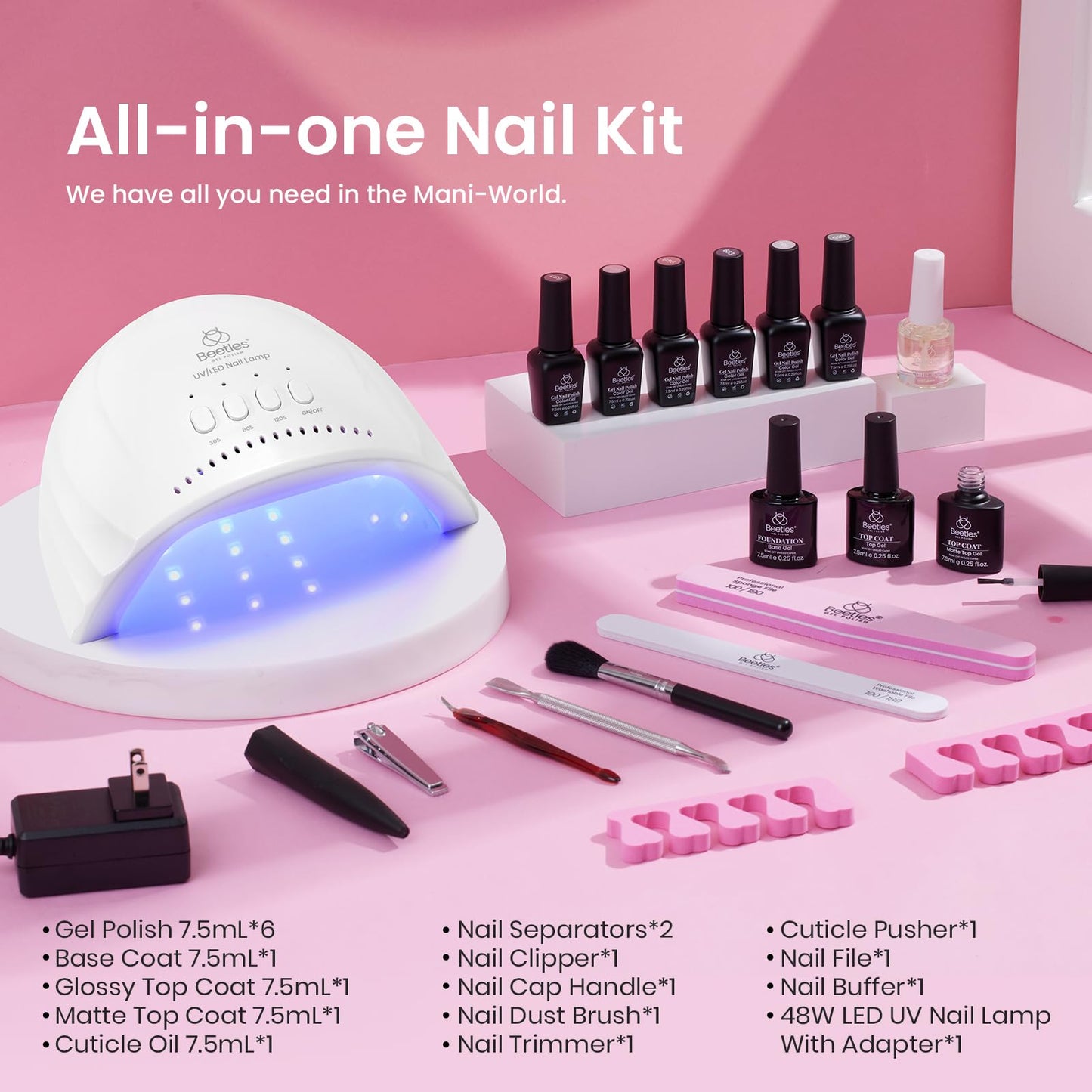 Beetles Gel Nail Polish Kit with Uv Light - 6 Colors Nude Gray Pink Gel Polish Starter Kit Manicure with Base Top Coat Soak off Led Salon DIY at Home Gifts for Women