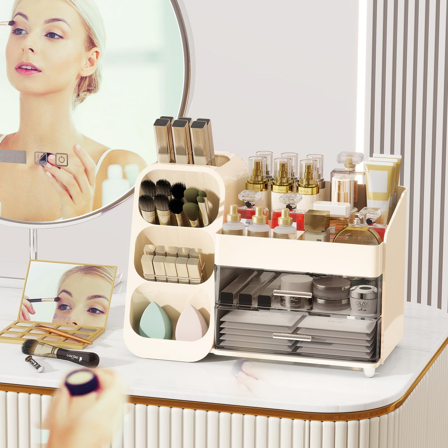 Dimcapo Makeup Organizer for Vanity,Vanity Organizer with Drawers and Brush Holder,Bathroom Make Up Organizer Countertop,Large Cosmetic Organizer for Skincare, Perfume,Lipsticks,Nail Polish (Cream)