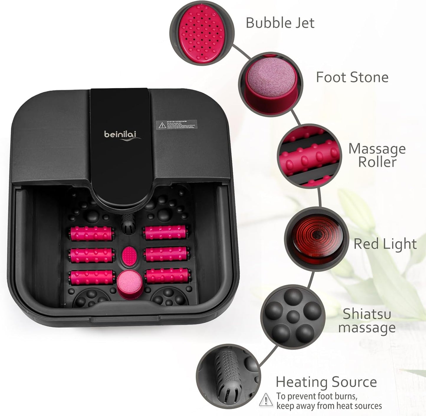 Collapsible Foot Spa - Heated Foot Bath with Massage, Bubble Jets & Acupressure | Red Light & Pumice Stone