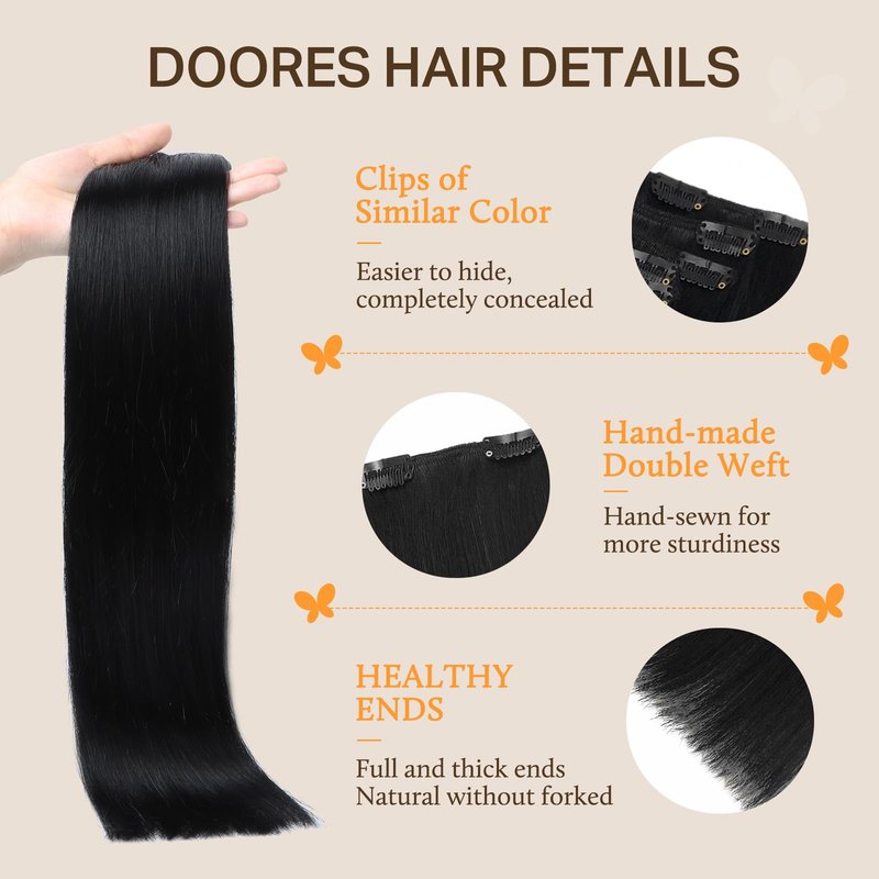 DOORES Hair Extensions Clip in Human Hair Jet Black 18 Inch 7pcs 120g Clip in Real Human Hair Extensions Natural Straight Remy Hair Extensions