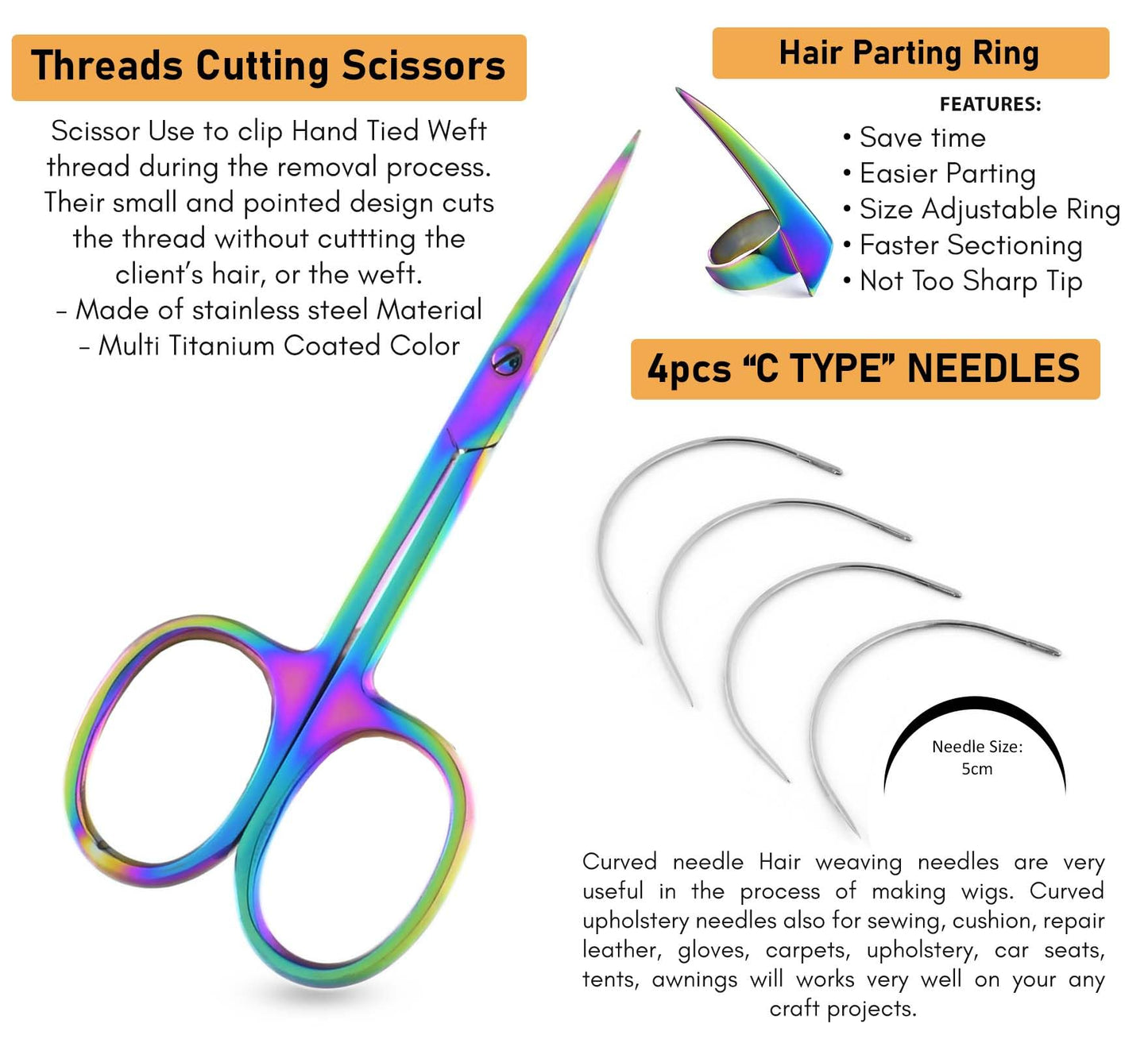 My Hair Tools Hair Extension Tools Kit – Tape-in Press Plier, Keratin Bond Cutter, 3 Hole Nano & Micro Beads Crimping & Remover Pliers, Hair Parting Tool, Mini Scissor, 12pcs Clips & Needles (Black)