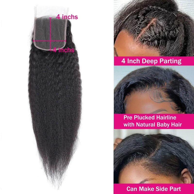 Kinky Straight 4x4 HD Lace Closure Human Hair Extensions 12A Brazilian Virgin Remy 100% Unprocessed Human Hair Yaki Straight Free Part Closure Only Pre Plucked With Baby Hair Natural Black 12 inch