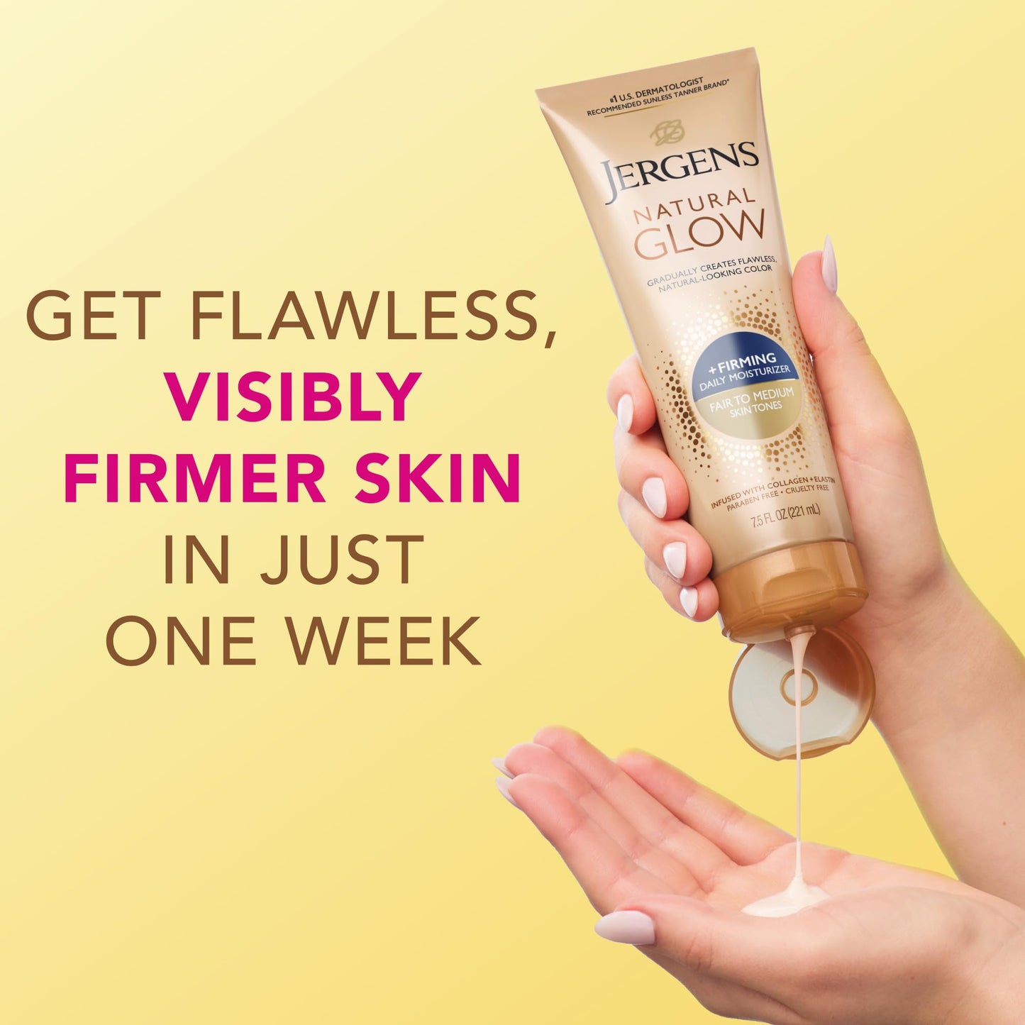 Jergens Natural Glow +Firming Self Tanner Body Lotion, Fair to Medium Skin Tone, Sunless Tanning Moisturizer with Collagen and Elastin. Helps to Visibly Reduce Cellulite, 7.5 Fl Oz (Pack of 2)