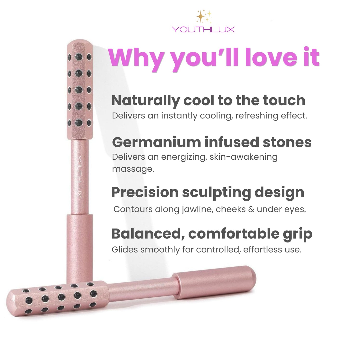 YOUTHLUX Radiance Roller – Germanium Stone Facial Massage Tool/Wand Face Roller for Lifting, Sculpting, De-Puffing, Glow Boost, Energizing & Cooling Effect (Rose Gold)