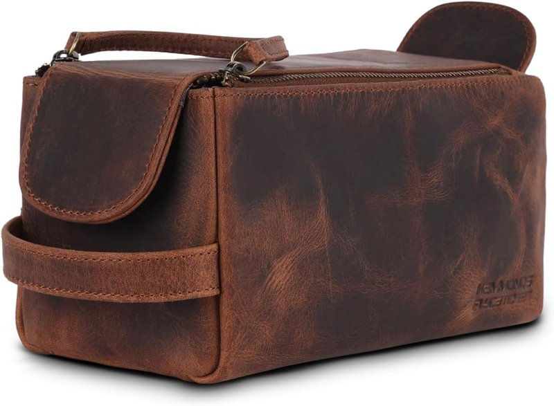 Genuine Leather Travel Toiletry Bag | Men's & Women's Makeup Organizer - Large Vintage Tan Dopp Kit