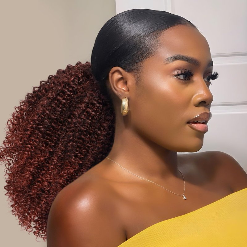 Ponytail Extension - 10 Inch Afro Kinky Curly Drawstring Hairpiece for Black Women | Mix Dark Brown (1B/33#)