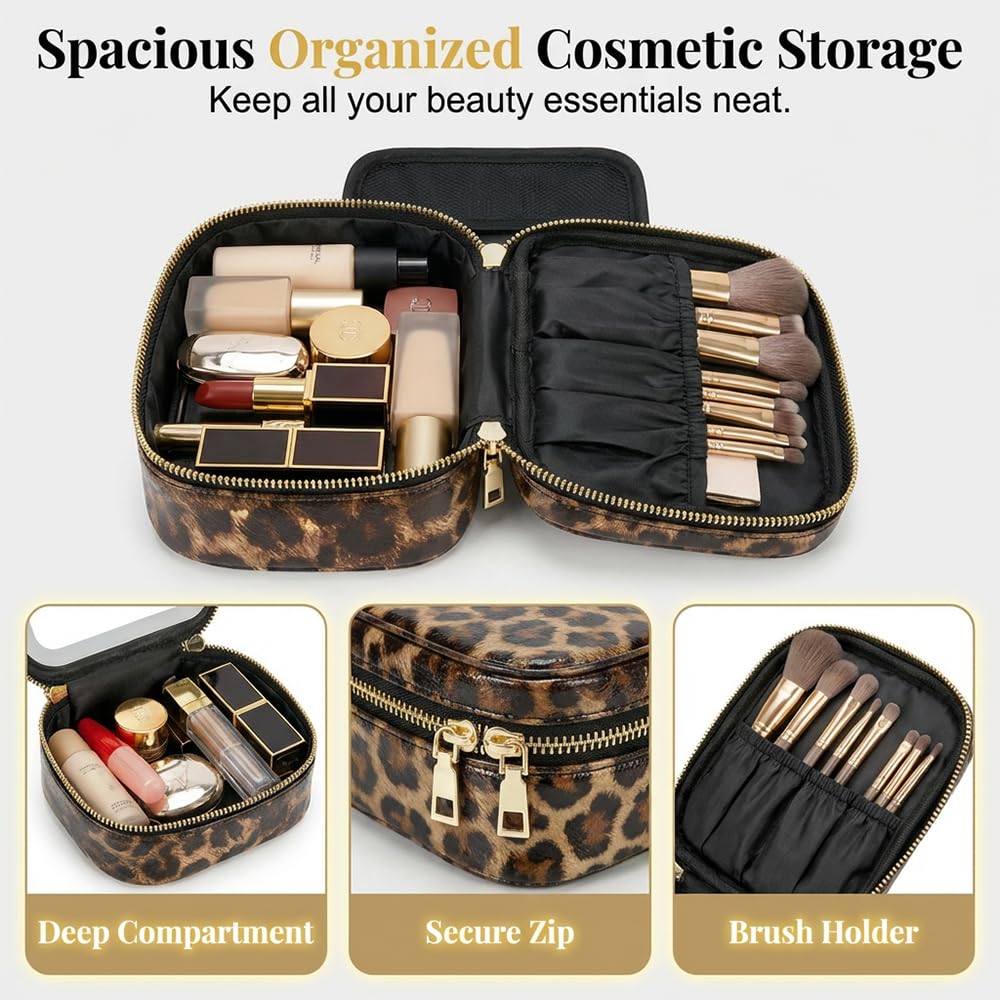 FANSUIT Mini Makeup Bag with Led Mirror, Small Travel Make up Bag 3 Light Modes Adjustable Brightness, Rechargeable Portable Makeup Pouch with Handle, for Pool Parties Work Touch-Ups (Black)