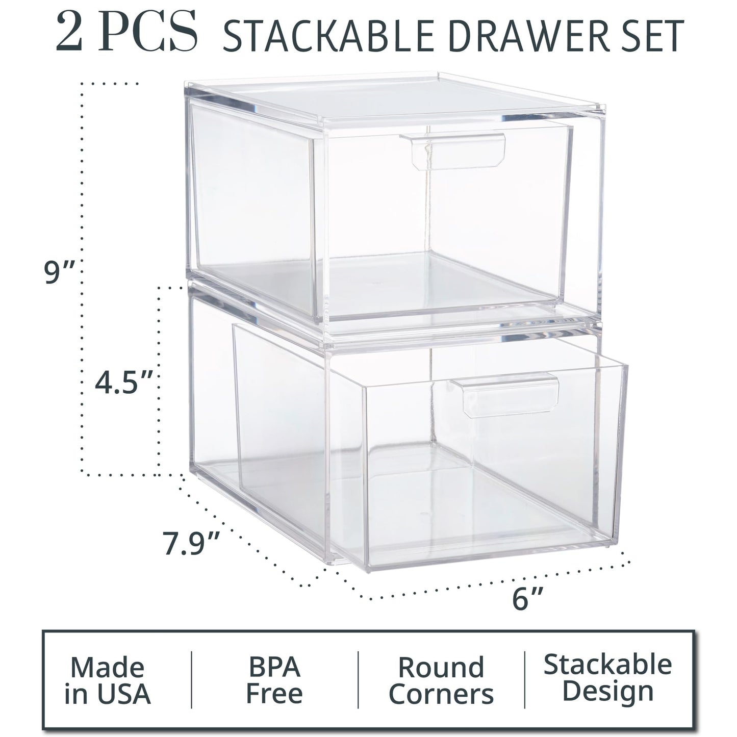 STORi Audrey Stackable Clear Bin Plastic Organizer Drawers | 2 Piece Set | Organize Cosmetics and Beauty Supplies on a Vanity | Made in USA
