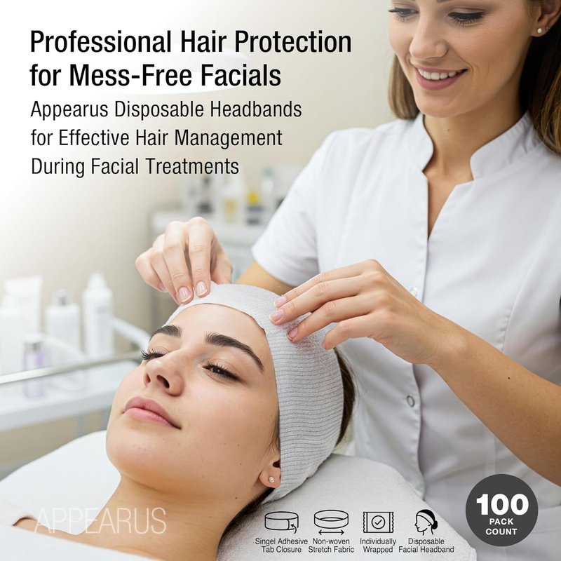 Disposable Stretch Facial Headbands - 100 Count Snag-Free Adhesive for Spa & Estheticians | White