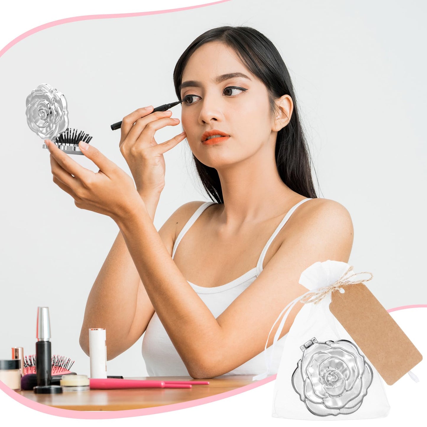Singhoow 24 Sets Rose Compact Mirrors Brush Bulk Quinceanera Party Favors for Guests Travel Mirror Thank You Gifts Bulk for Sweet 16 15 Party Favors Bridal Shower Wedding Souvenirs(Silver)