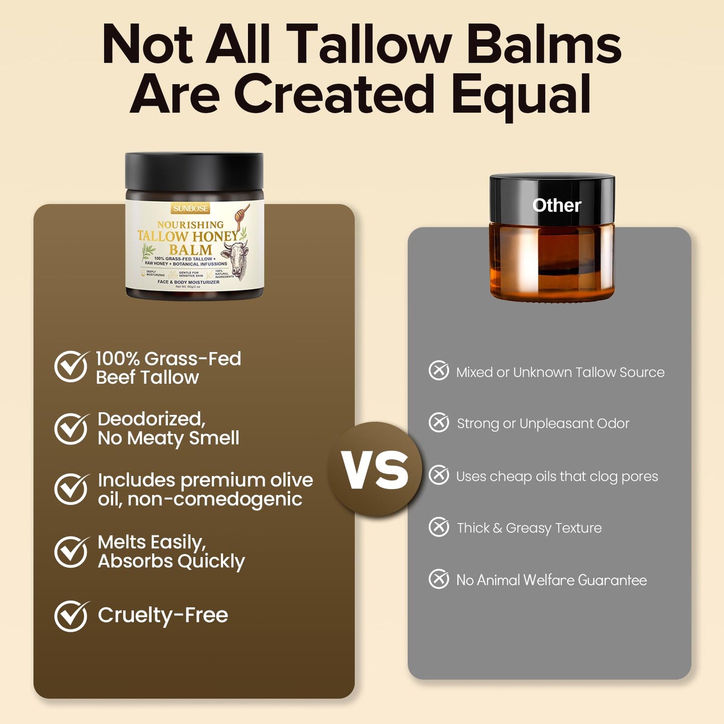 Sunbose Beef Tallow Balm for Skin: Grass-Fed With Honey & Beeswax - Non-Greasy Moisturizing - For Sensitive Moms with Babies in Daily Moisturizer - Skin Care for Dry Skin - Light Scent - 2oz