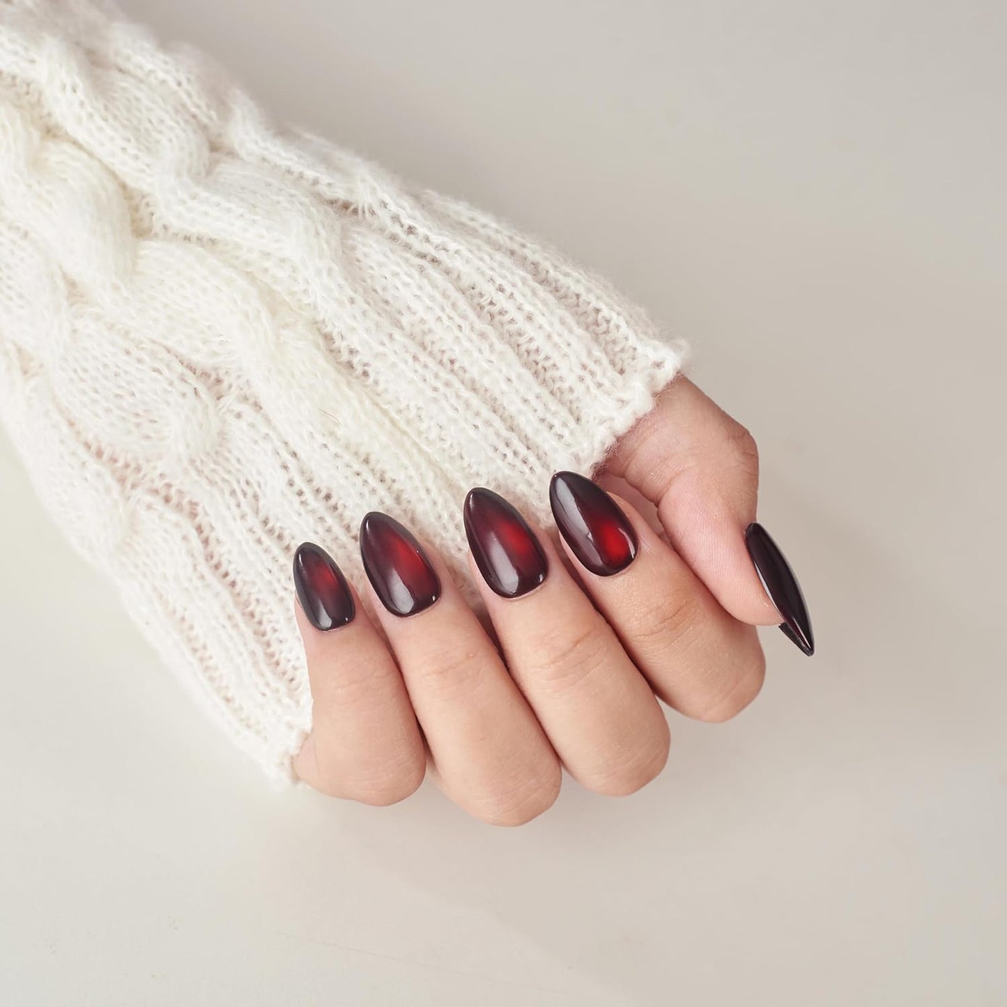 Press On Nails Short Almond - Handmade Cat Eye Soft Gel in Dark Black Red | 26 Reusable Nail Tips with Lamp-Curable Glue for Glam Valentine Wedding Manicure