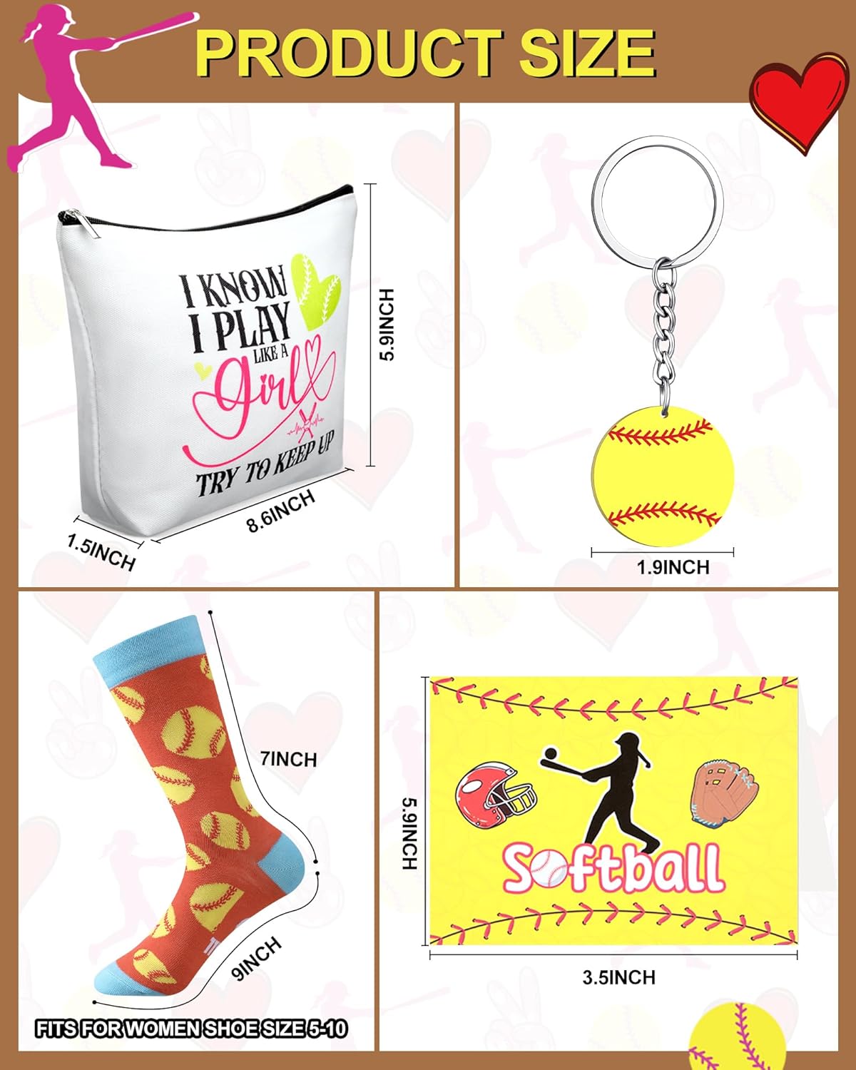 Softball Team Gifts Set - 48 Pcs for Women & Girls | Funny Makeup Bag, Novelty Socks, Keychains & Cards for Senior Night Party Favors