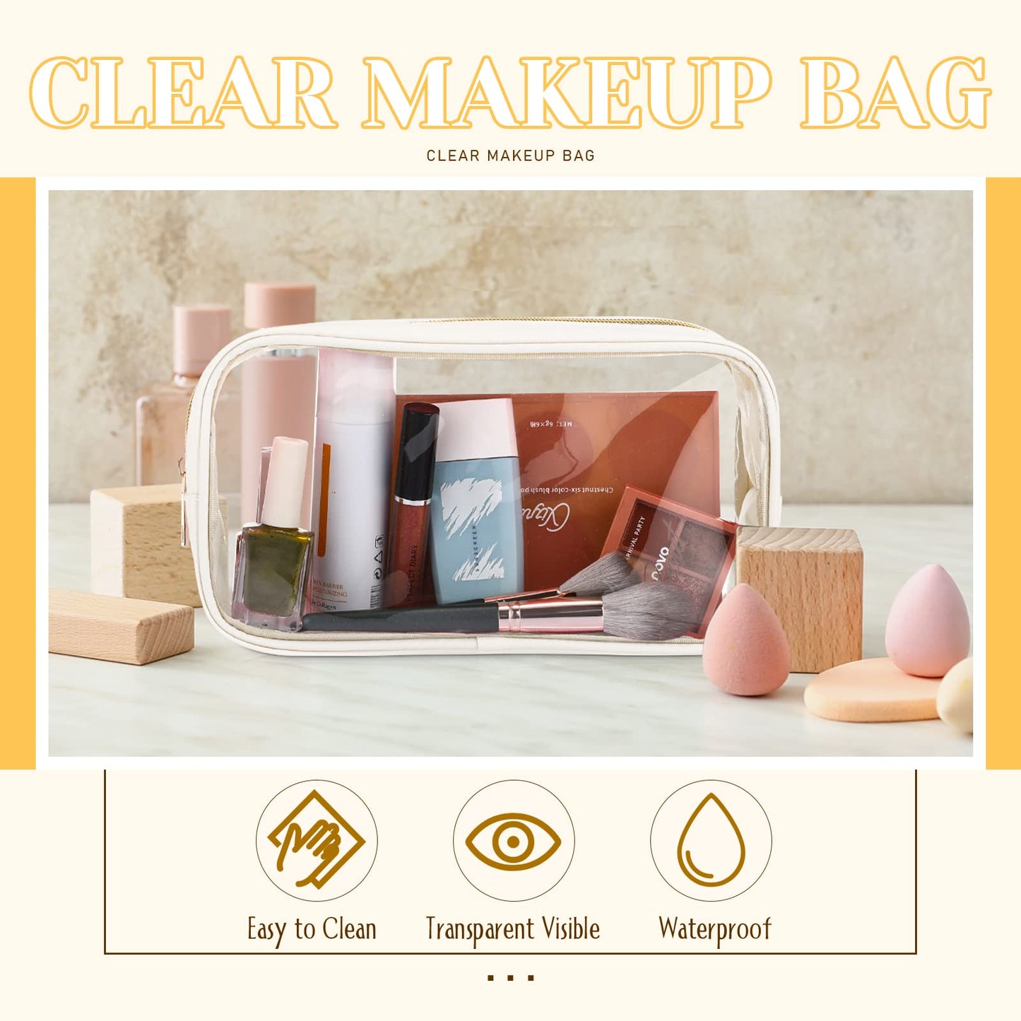 Cunno 9 Pcs Preppy Clear Makeup Bag DIY Chenille Letter Pouch Large Nylon Makeup Bag Travel Toiletry Zipper Cosmetic Organizer Pouch PVC Bags for Women, 9.5 x 5.1 x 2.8 Inch(Cream White)
